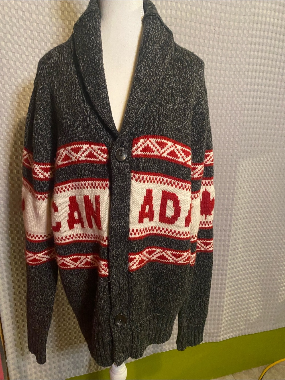 Bluenotes Charcoal Shawl Collar Cardigan with Red and White Canada Motif